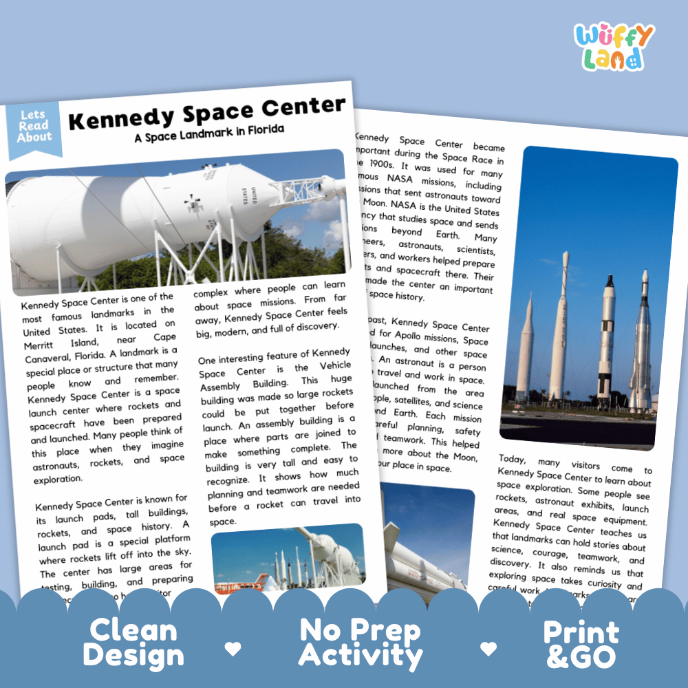 Reference sheet and answer key for Kennedy Space Center landmark reading passage displaying completed comprehension answers and historical facts