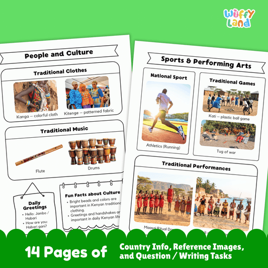 Printable Kenya country research project for kids, featuring an overview page with essential facts such as the capital city, population, language, climate, and flag. Includes additional worksheets on geography and location, people and culture, sports and performing arts, famous landmarks, and a student research page designed for learning about Kenya in a fun and educational way. Perfect for classroom or homeschool use.