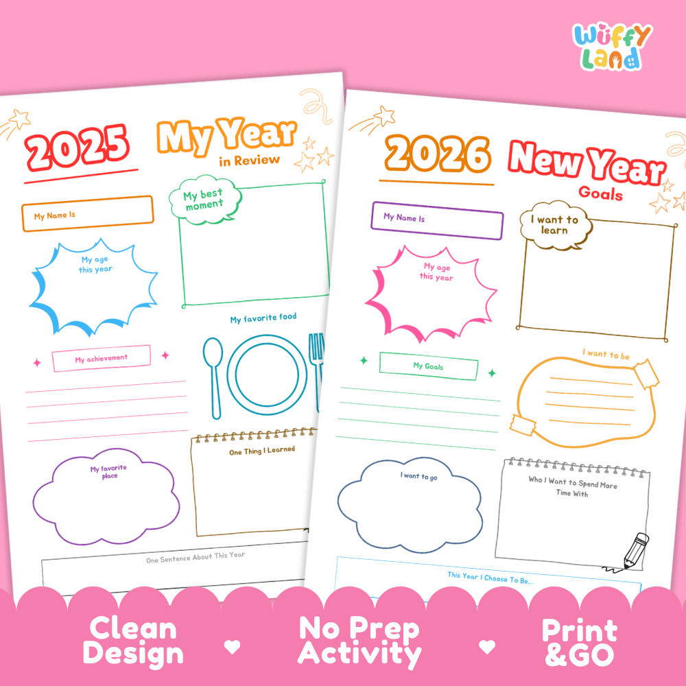 Kids New Year Reflection Set - 2025 and 2026 Goals Worksheets