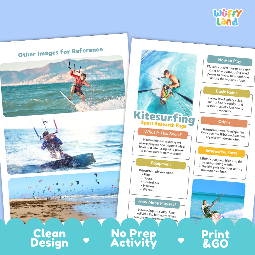 Two printed activity sheets about kitesurfing displayed on a light blue background. The sheets include photos of kitesurfers, informational text boxes such as 'How to Play,' 'Basic Rules,' 'What is this sport?', and 'Interesting Facts,' plus decorative teal banners at the bottom reading 'Clean Design,' 'No Prep Activity,' and 'Print & GO.