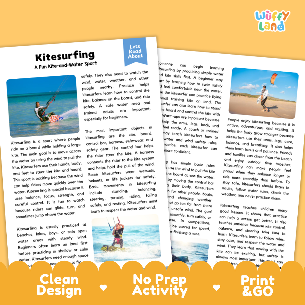 Kitesurfing Sports Reading Passages and Comprehension Questions Worksheets