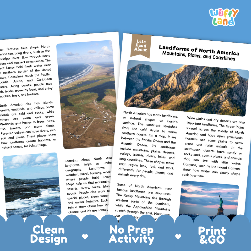 Teacher answer key page showing complete question solutions for North American landforms geography reading comprehension practice
