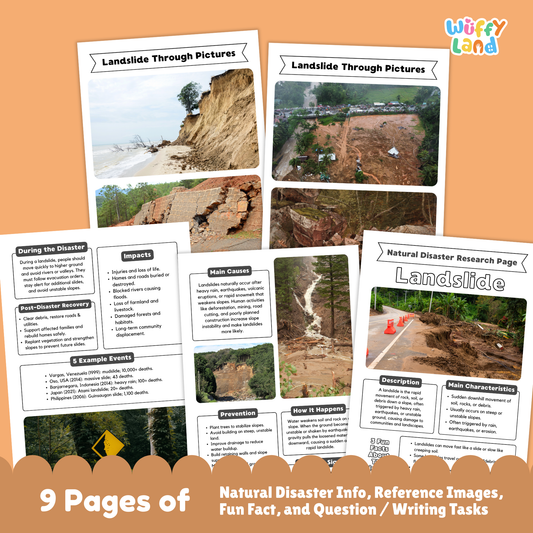 Landslide country research project printable featuring a main information page, real landslide photos, cause and prevention worksheets, and student activity pages for learning about landslides.