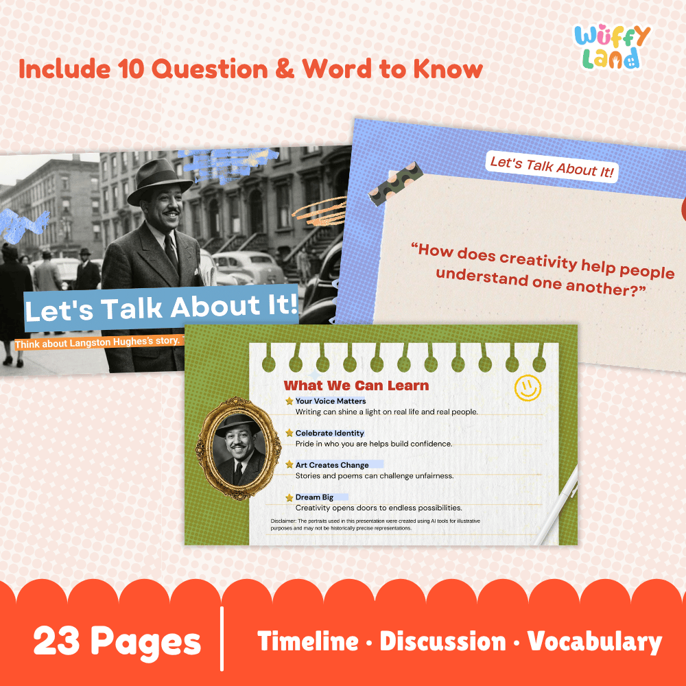 Promotional graphic for a educational resource titled 'What We Can Learn' by Wuffy Land. The graphic shows three overlapping pages with text and illustrations, including a black-and-white photo of Louis Armstrong, on a pink and white checkered background with orange banners at the top and bottom.