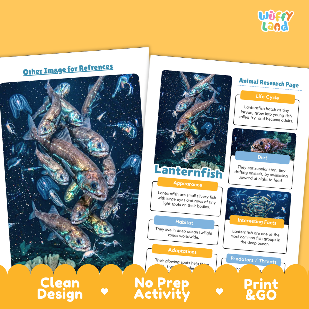 Two educational activity sheets from Wiffly Land about lanternfish, shown on a bright yellow background. The sheets feature a dark blue underwater illustration of lanternfish, text sections for animal research, and orange header accents.