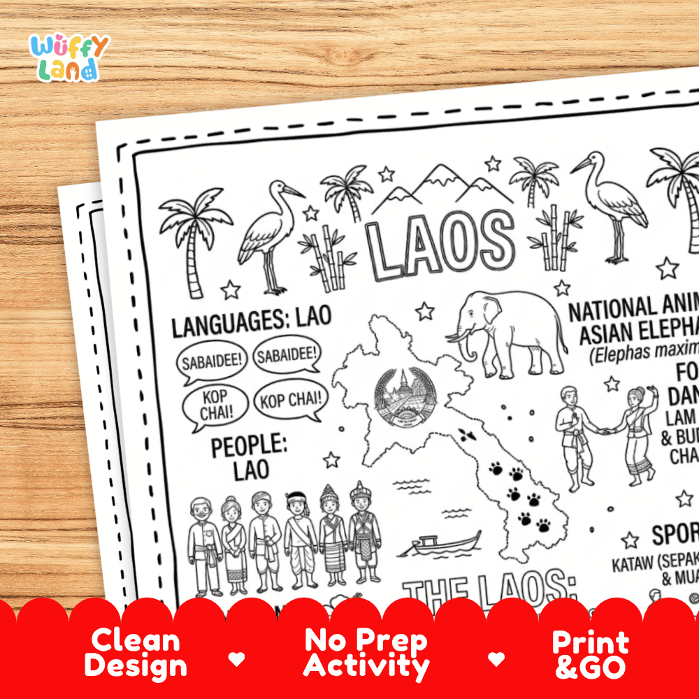 Cultural coloring page featuring traditional Lao dress, Lam Vong dance, silk weaving, silverware, and Sabaidee greeting speech bubbles