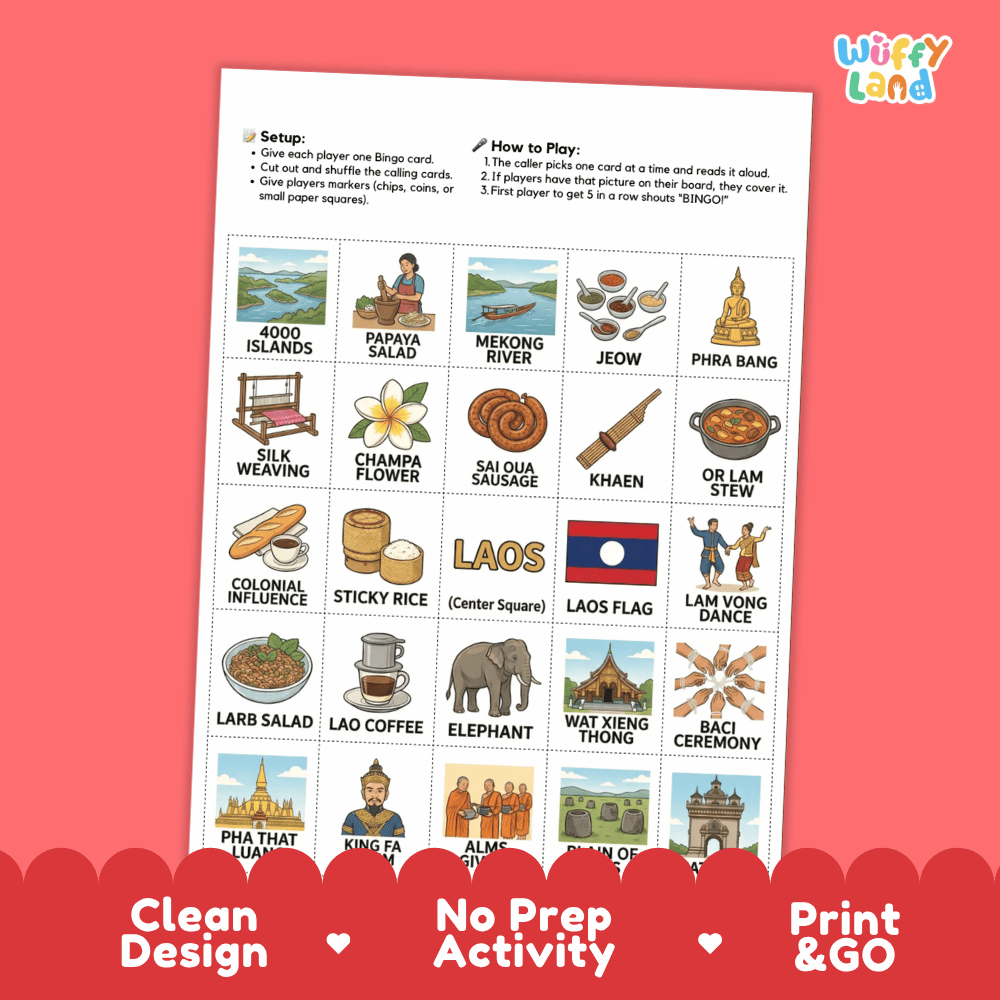 Laos Geography BINGO Game Southeast Asian Country Study Activity Printable Boards