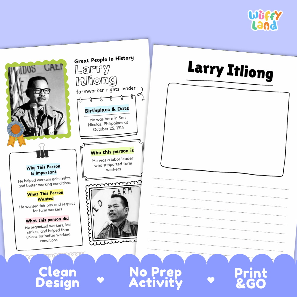 Educational biography summary worksheet featuring a chronological timeline, famous quote, and lined student writing page