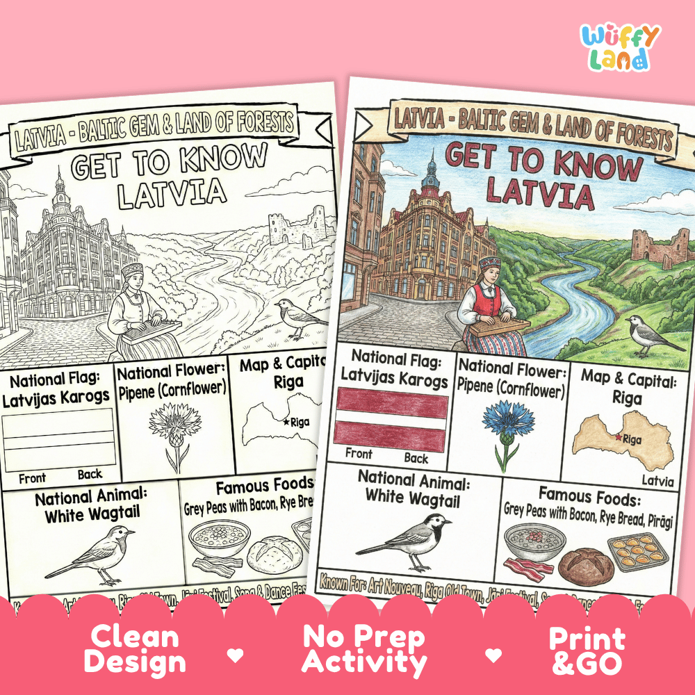 Latvia Geography Coloring Poster and Fact Sheet Printables