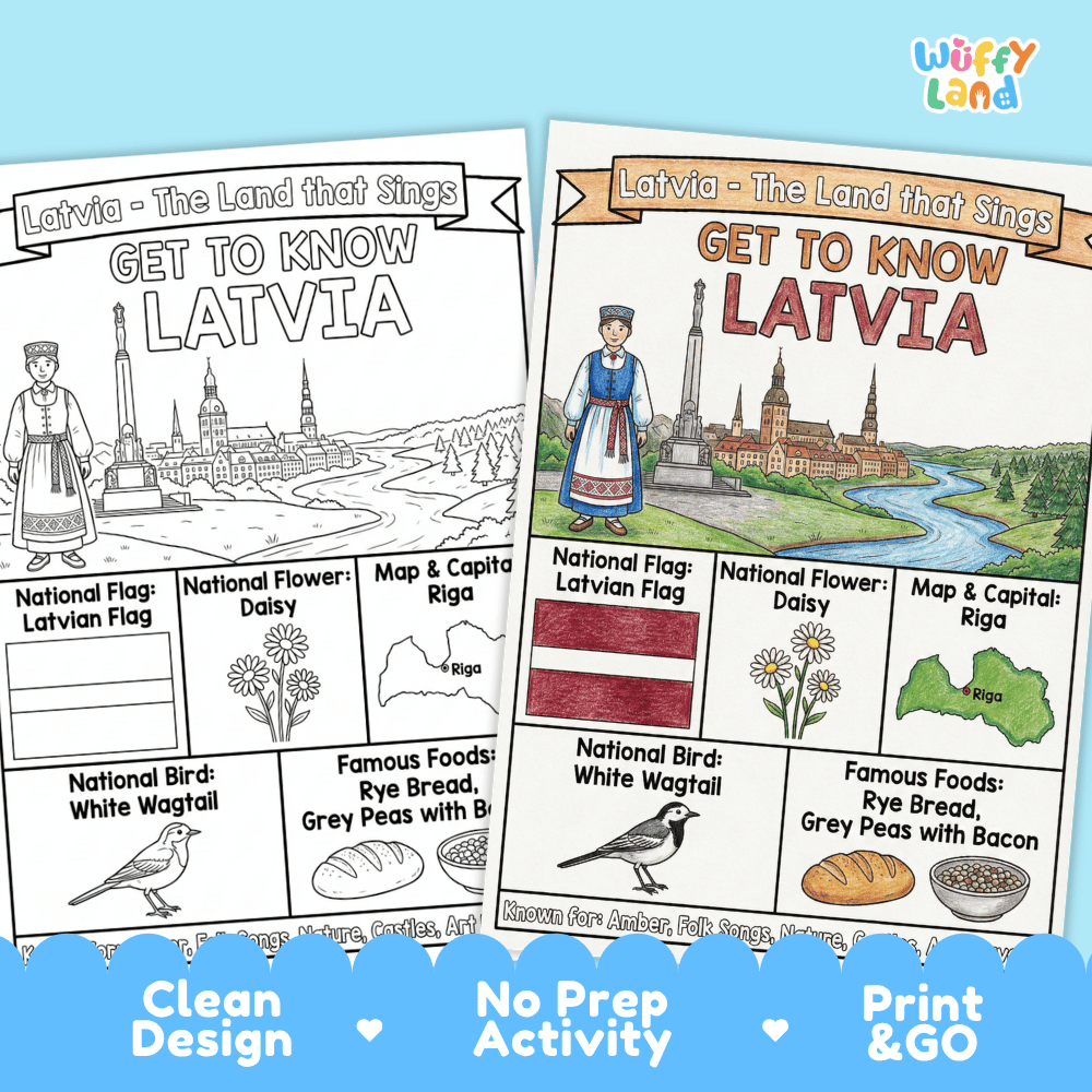 Latvia Geography Coloring Poster and Fact Sheet Printables