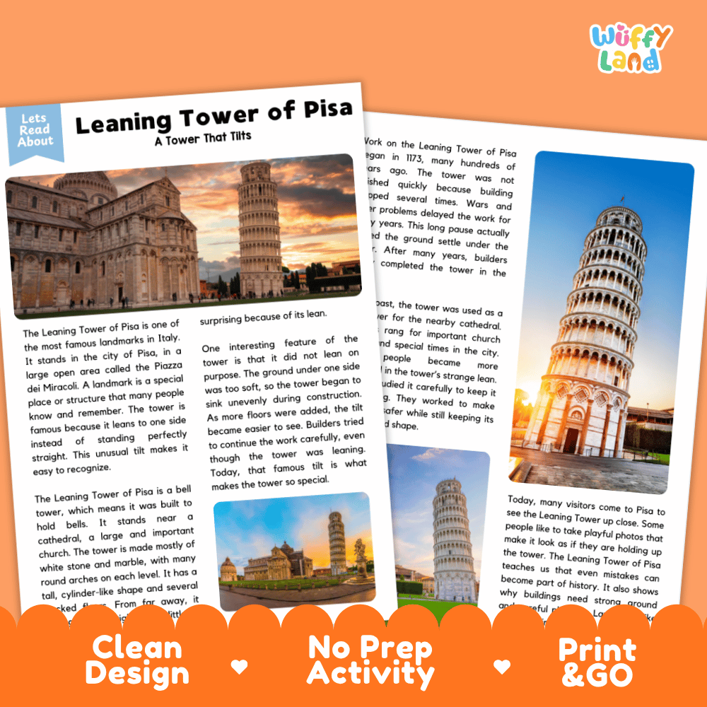 Leaning Tower of Pisa Landmark Reading Passages and Comprehension Worksheets