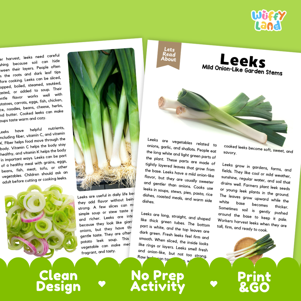 Teacher answer key page showing complete question solutions for leeks reading comprehension practice