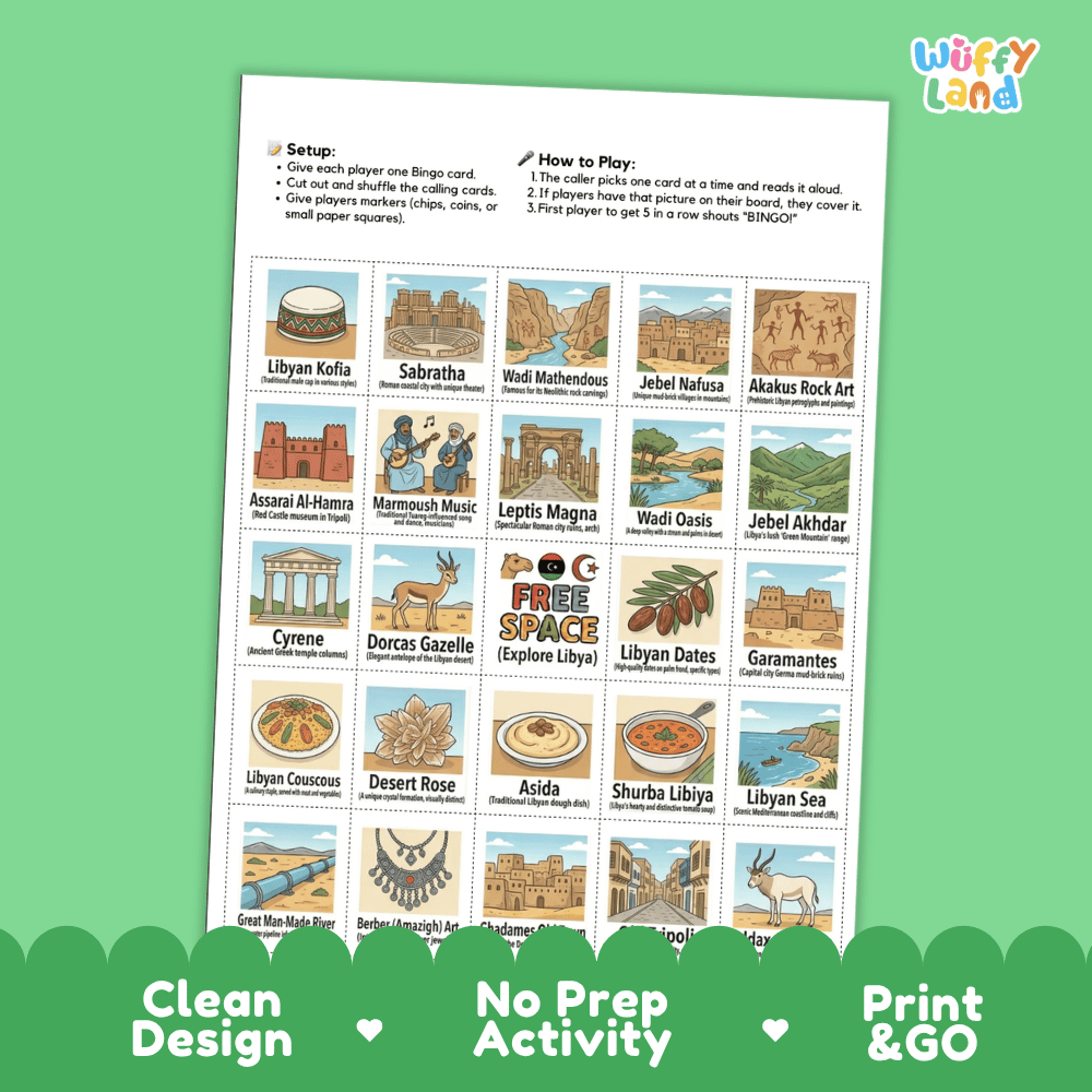 Libya Geography BINGO Game North African Country Study Activity Printable Boards