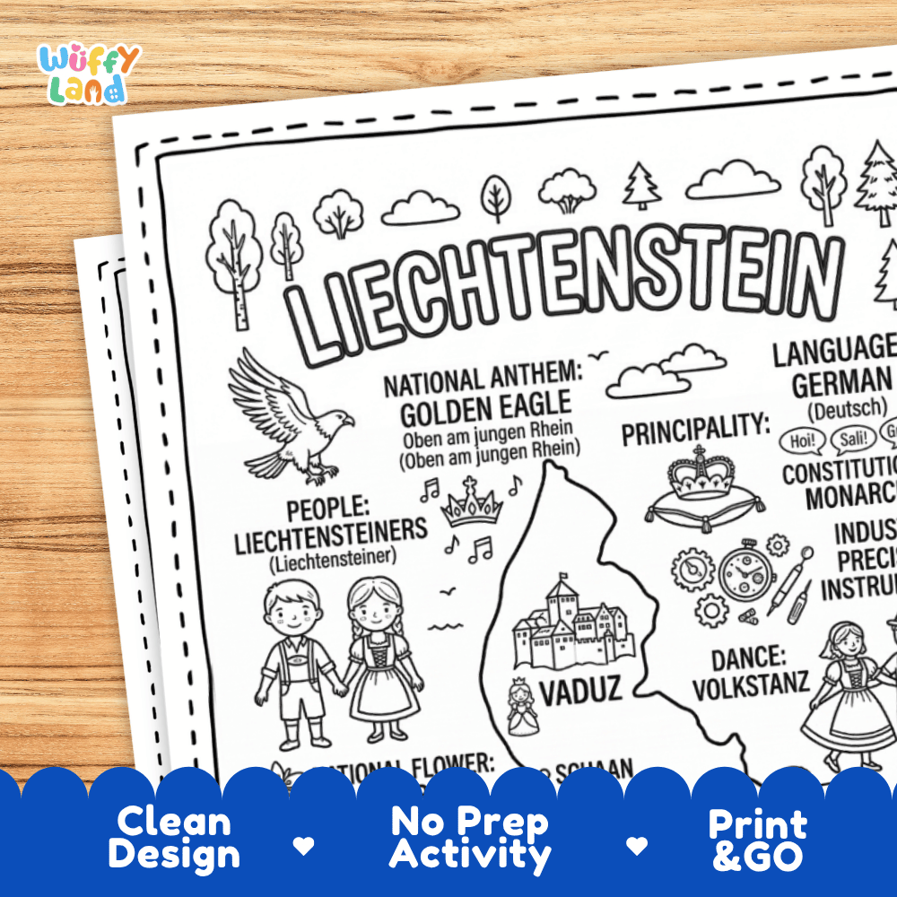 Cultural coloring page featuring traditional Liechtenstein attire, postage stamp collecting, Volkstanz folk dance, and German greetings
