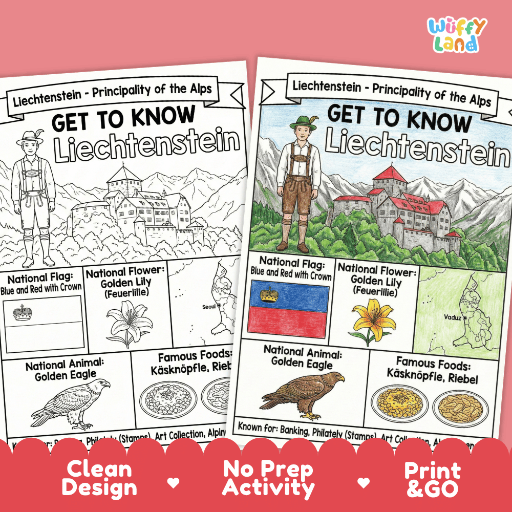 Liechtenstein Geography Coloring Poster and Fact Sheet Printable Worksheets