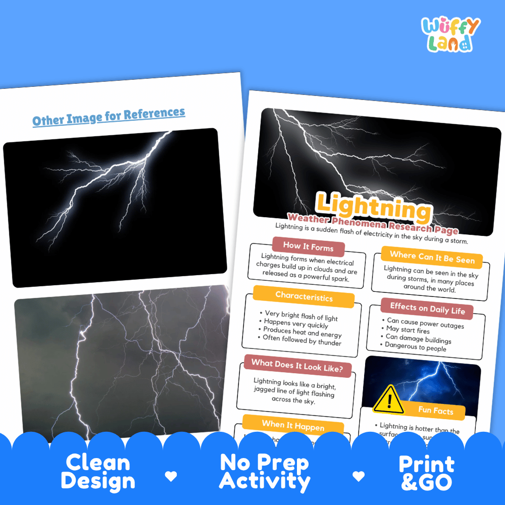 Lightning Weather Phenomena Research Worksheets and Informational Fact Sheets