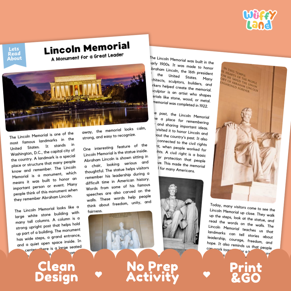 Lincoln Memorial Landmark Reading Passages and Comprehension Questions Worksheets