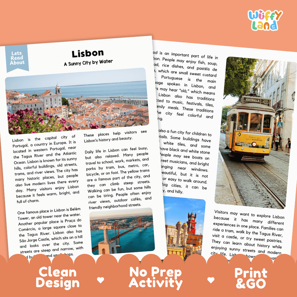 Reference sheet and answer key for Lisbon landmark reading passage displaying completed comprehension answers and European geography facts