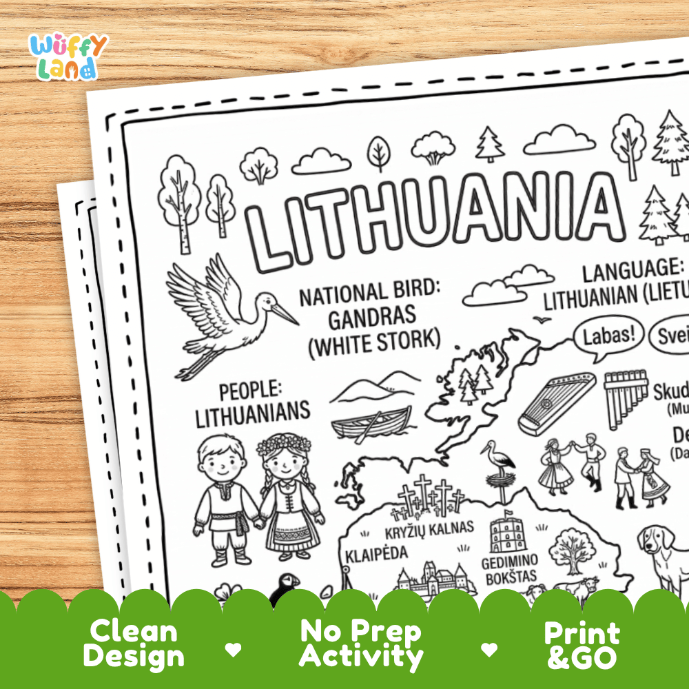 Cultural coloring page featuring traditional Lithuanian folk costume, folk dance, kankles music, and Lithuanian greeting speech bubbles