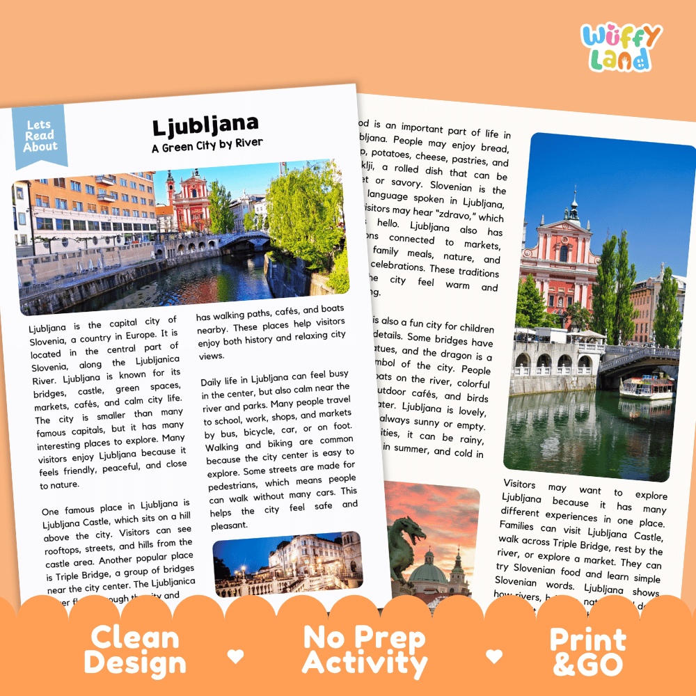 Reference sheet and answer key for Ljubljana landmark reading passage displaying completed comprehension answers and Central European geography facts