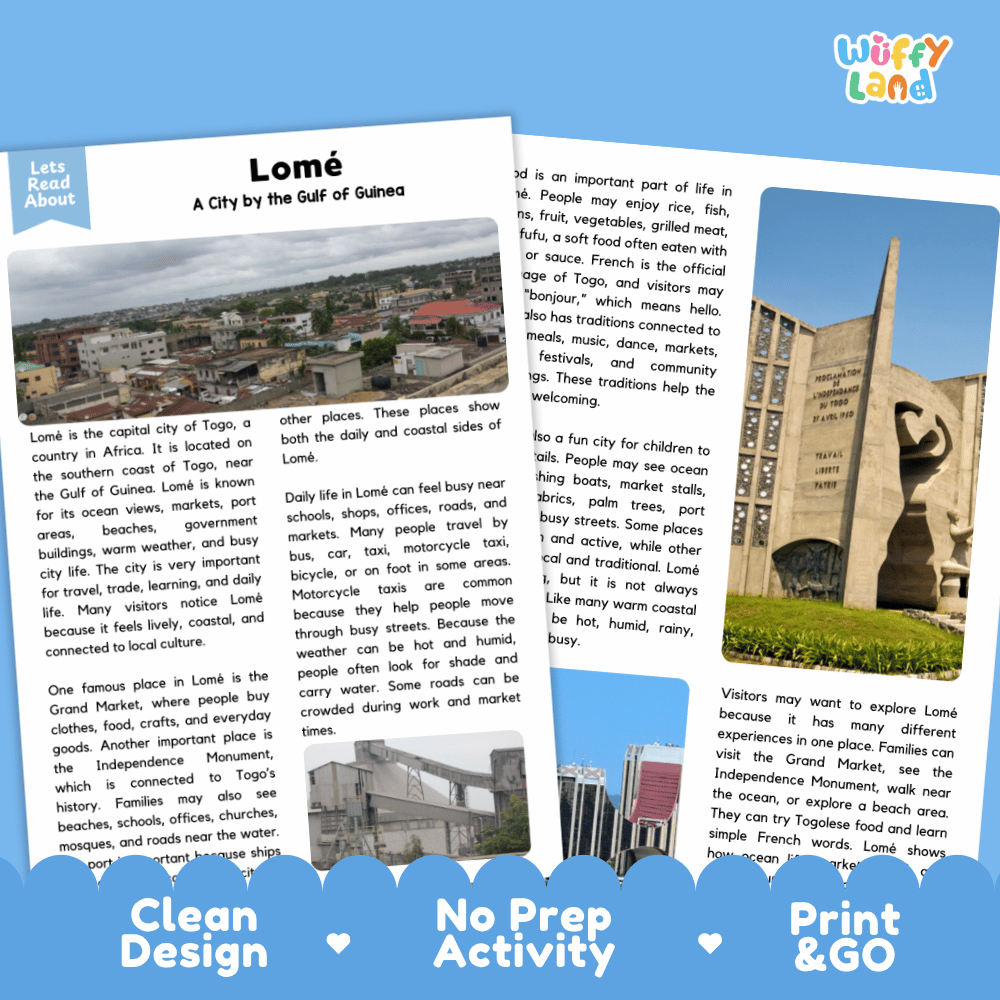 Reference sheet and answer key for Lome landmark reading passage displaying completed comprehension answers and West African geography facts