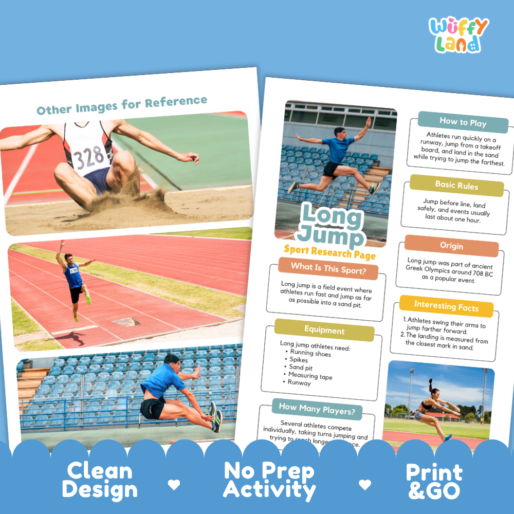 Long Jump Sport Research Project Worksheets and Fact Sheet Activity