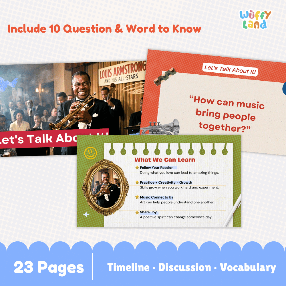 Promotional graphic for an educational book or workbook titled 'Let's Talk About Music' by Wuffy Land. The design shows multiple page previews with text such as 'Include 10 Question & Word to Know,' 'How can music bring people together?,' and 'What Can We Learn,' plus a blue banner at the bottom reading '23 Pages | Timeline · Discussion · Vocabulary.
