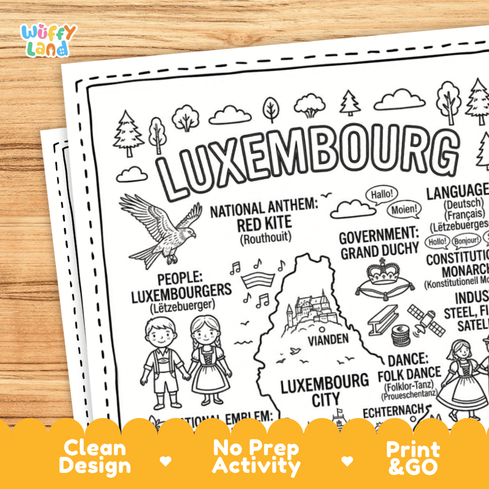 Cultural coloring page featuring traditional Luxembourg attire, Judd mat Gaardebounen food, folk dance, and Moien greeting speech bubbles