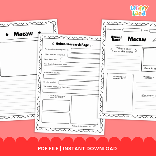 Educational printable pack titled “Macaw Animal Research Project” displayed on a wooden background. The set includes colorful photo reference pages of macaws and black-and-white research worksheets for students to fill in information such as habitat, diet, life cycle, adaptations, and interesting facts.
