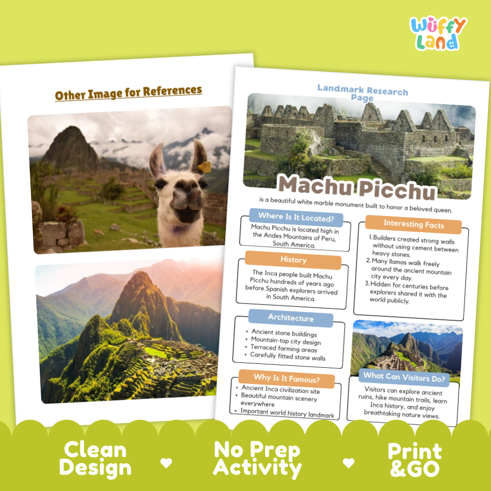 An educational Machu Picchu travel poster displayed alongside a reference image of a llama on a green background. The poster features a white layout with colorful text boxes detailing the history, architecture, and interesting facts of the ancient ruins, with the 'Wiffy Land' brand logo in the top right corner.