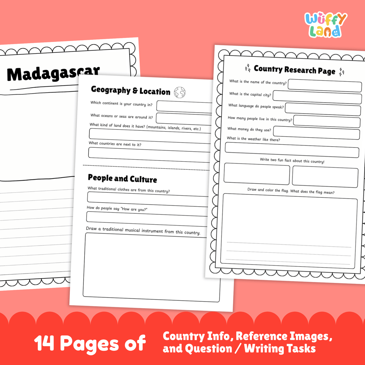Printable Madagascar country research project for kids featuring an overview page with facts such as capital city, population, language, climate, and flag, along with additional worksheets on geography and location, people and culture, sports and performing arts, famous landmarks, and a student research response page designed for classroom or homeschool use.