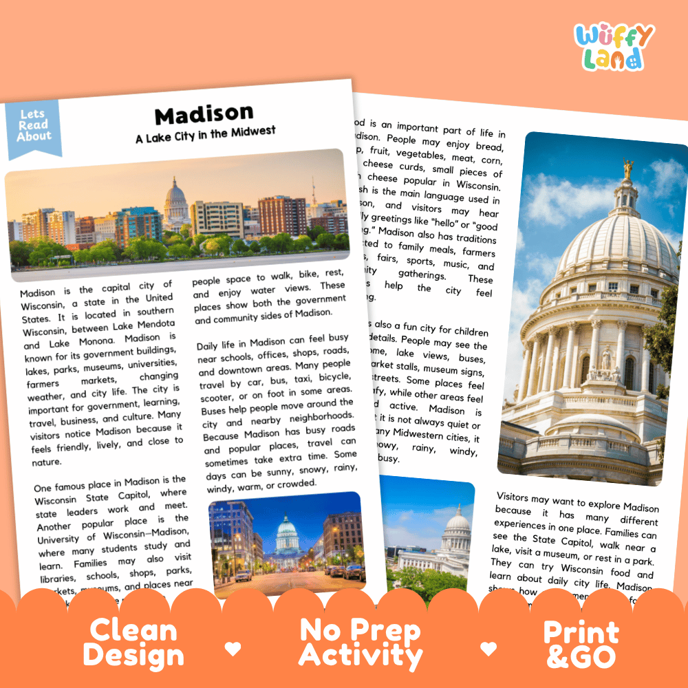 Reference sheet and answer key for Madison landmark reading passage displaying completed comprehension answers and United States geography facts