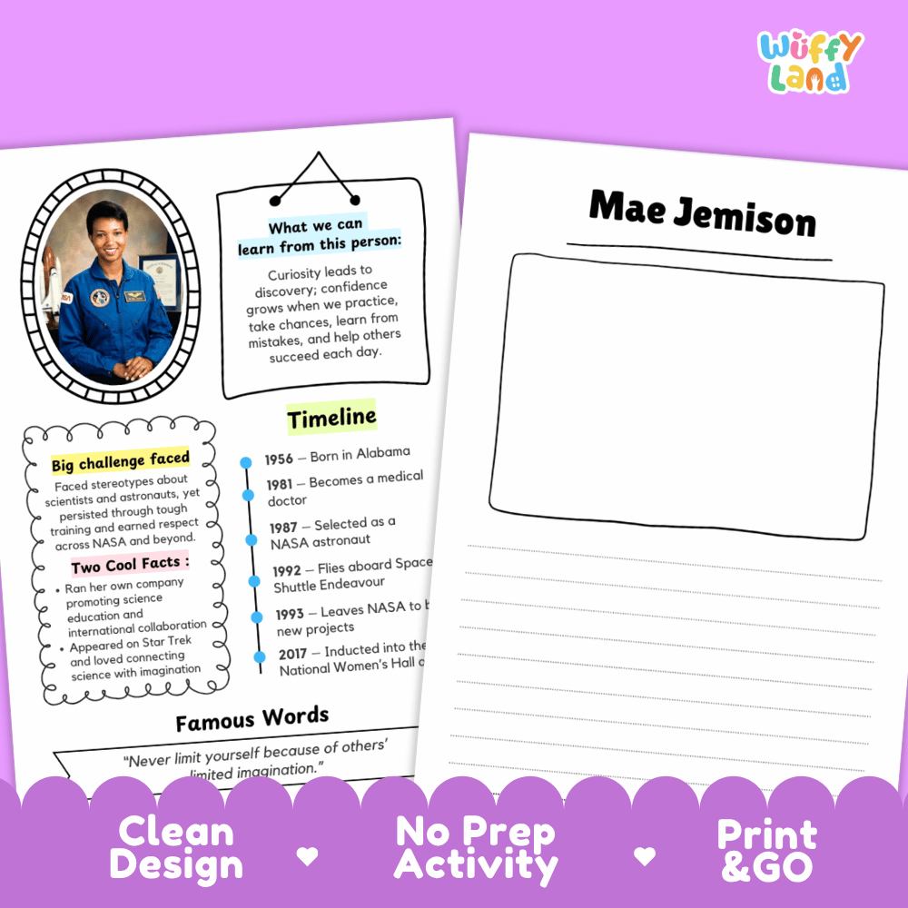 Two printable activity sheets for a science-themed worksheet or poster, shown on a purple background with promotional text at the bottom. The left sheet contains a portrait, text boxes, and a timeline; the right sheet has a large blank writing area under the name Mae Jemison.