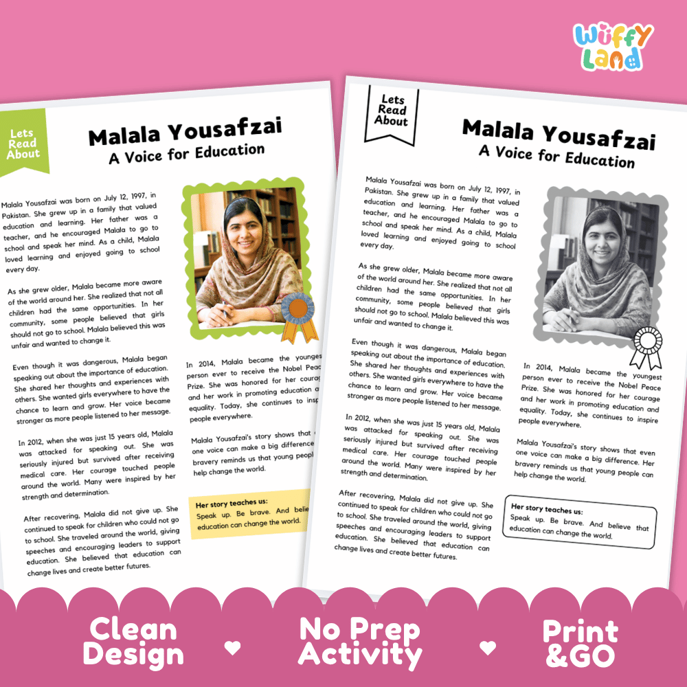 Two printed activity sheets for a Malala Yousafzai educational activity, displayed side-by-side on a white background with a pink banner at the bottom reading 'Clean Design', 'No Prep Activity', and 'Print & GO'. The sheets feature text, photos, and a logo for 'Wiffly land'.