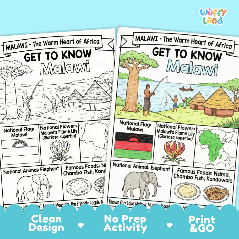 Malawi Geography Coloring Poster and Fact Sheet Printable Worksheets