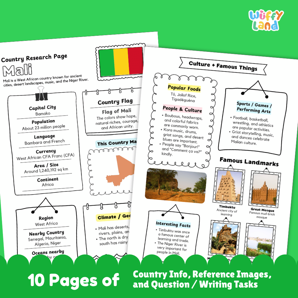 Mali Country Research Project Printable Worksheets and Activities