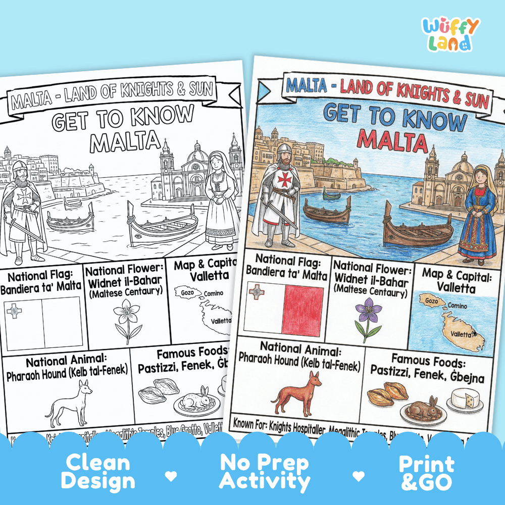 Malta Geography Coloring Poster and Fact Sheet Printables