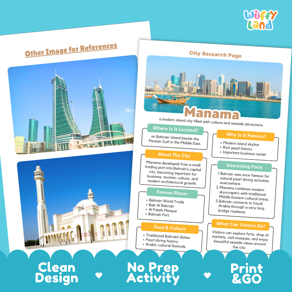 Manama City Research Worksheets and Fact Sheet