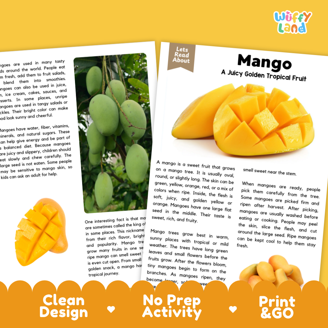 Teacher answer key page showing complete question solutions for Mango nature and science reading comprehension practice