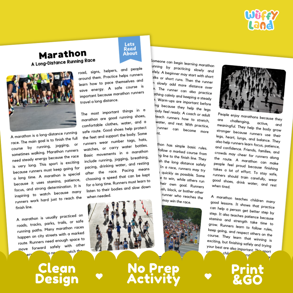 Marathon Sports Reading Passages Worksheets and Comprehension Activity