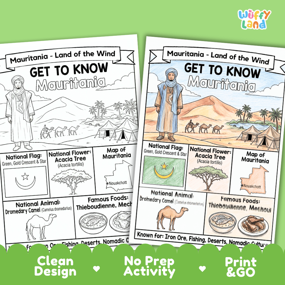 Mauritania Geography Coloring Poster and Fact Sheet Printable Worksheets