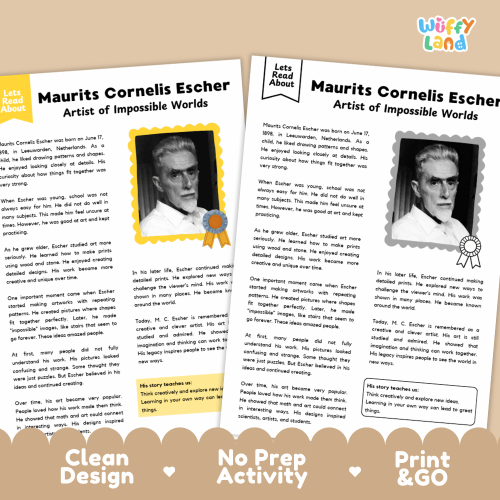 Maurits Cornelis Escher Biography Reading Passage and Writing Activity Worksheets