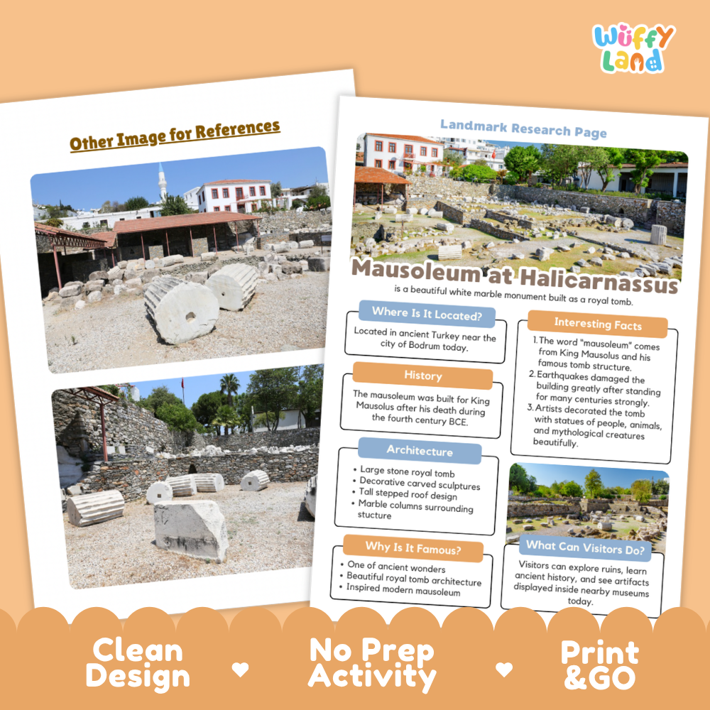 An educational landscape research activity sheet from Wiffy Land about the Mausoleum at Halicarnassus, featuring a printed layout with text boxes, a location map, and a reference photo.