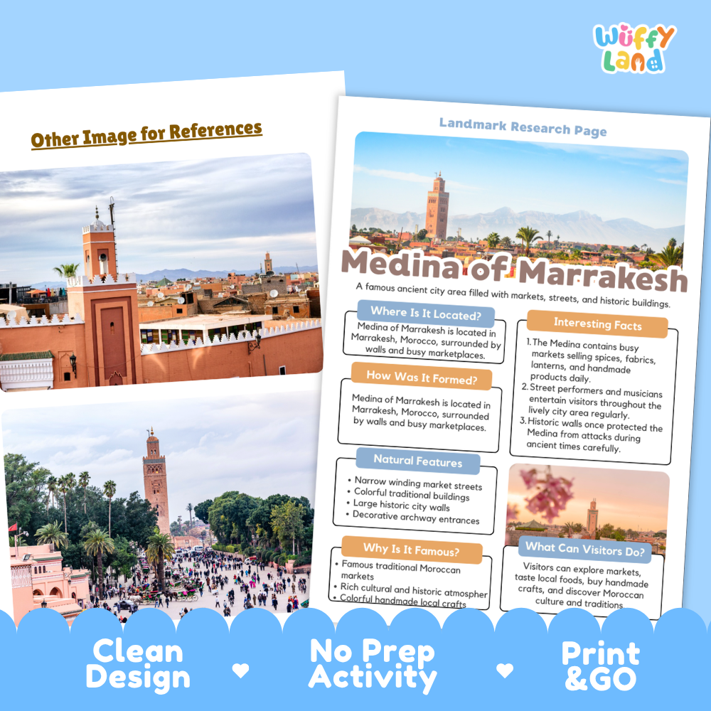 Two printed travel guide posters about Medina of Marrakesh are shown overlapping on a light gray background with marketing text along the bottom. The right poster is the main product, featuring a scenic photo at the top and text sections such as 'Where is it Located?', 'How Was It Formed?', 'Natural Features', and 'Why Is It Famous?'.