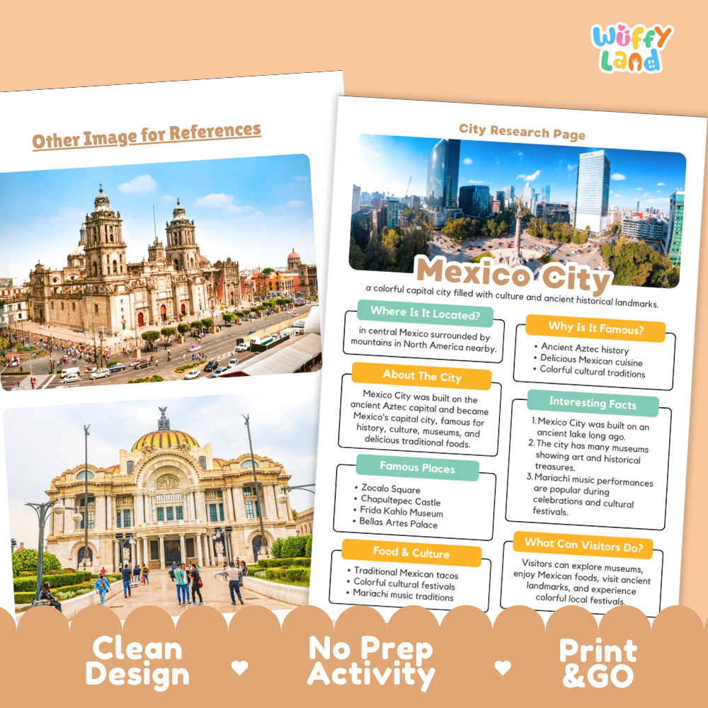 A product listing graphic for a 'City Research Page' activity sheet by 'wiffy land'. The image shows two printed pages side-by-side: the left page has a placeholder image labeled 'Other Image for References', and the right page is the actual product, featuring a colorful 'Mexico City' city research layout with text boxes and icons.