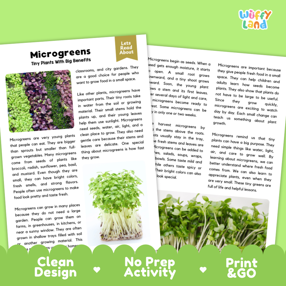 Microgreen Plant Reading Passages Worksheets and Comprehension Activity