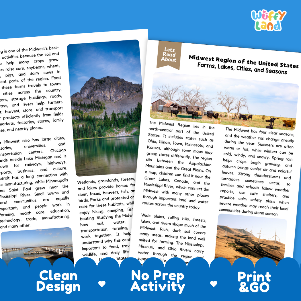 Teacher answer key page showing complete question solutions for Midwest region U.S. geography reading comprehension practice
