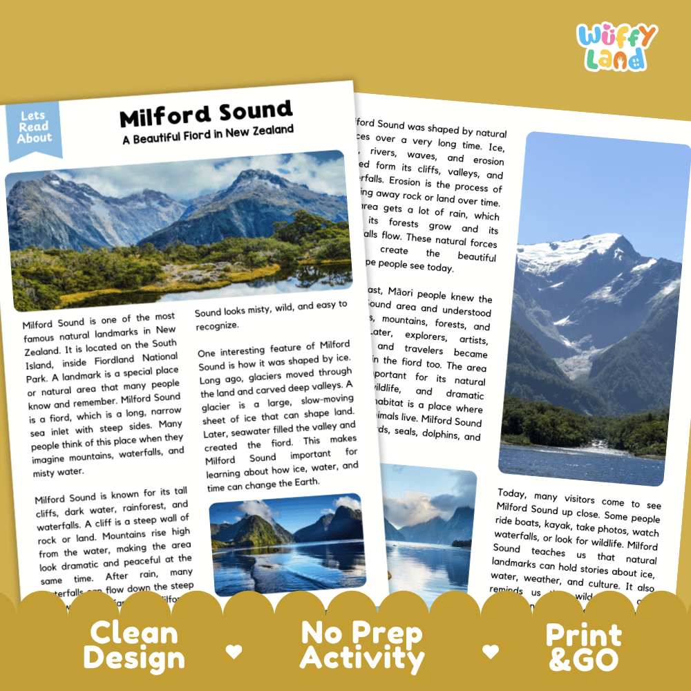 Reference sheet and answer key for Milford Sound landmark reading passage displaying completed comprehension answers and earth science facts