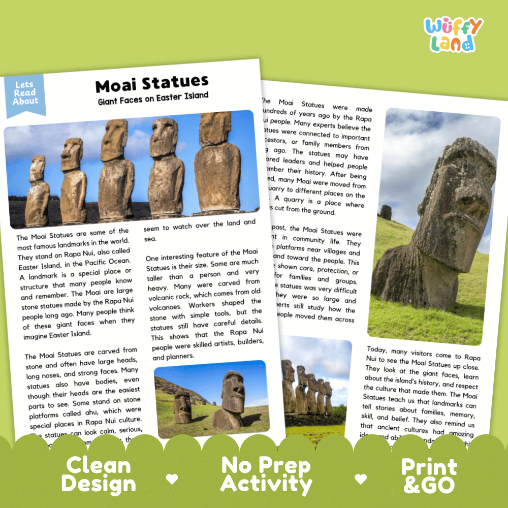 Moai Statues Landmark Reading Passages and Comprehension Worksheets