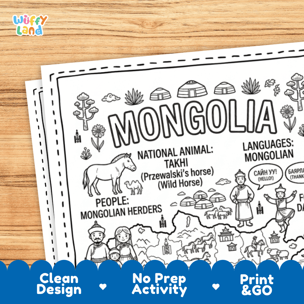 Cultural coloring page featuring traditional Mongolian deel attire, Morin Khuur fiddle, Bokh wrestling, and Cyrillic greeting speech bubbles